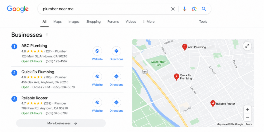 Example of Google's local map pack showing three business listings with ratings, addresses, and a map
